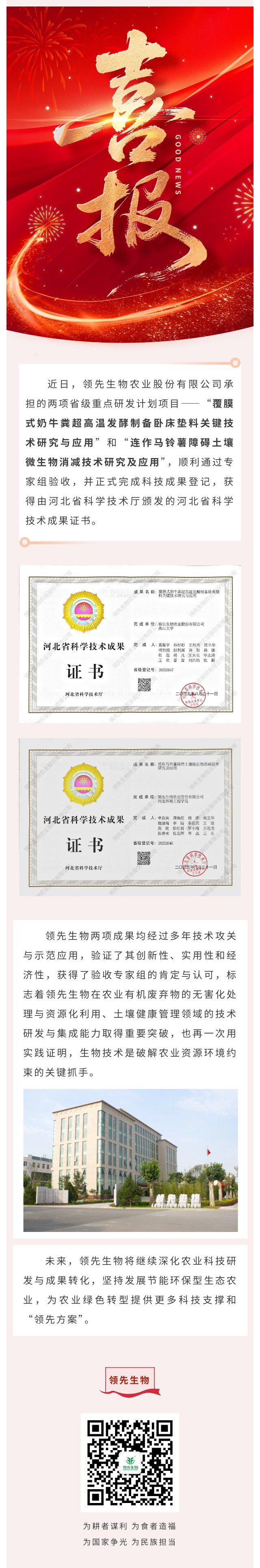 【喜訊】領先生物斬獲兩項省級科技成果！